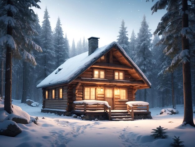 A small cabin in the middle of a snowy forest