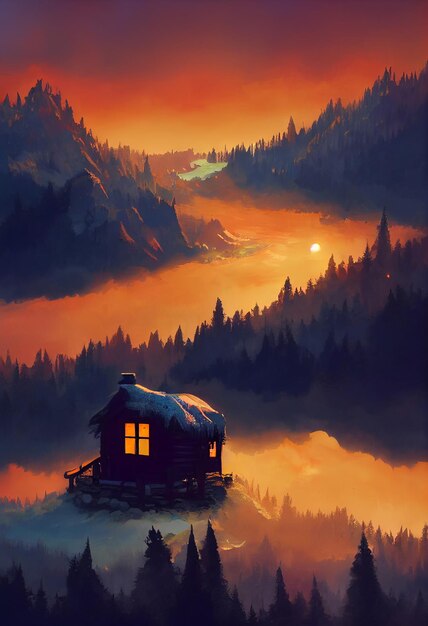 A small cabin on top of a forest mountain