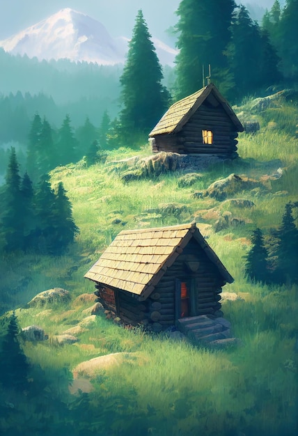 A small cabin on top of a forest mountain