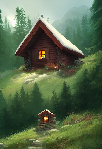 A small cabin on top of a forest mountain