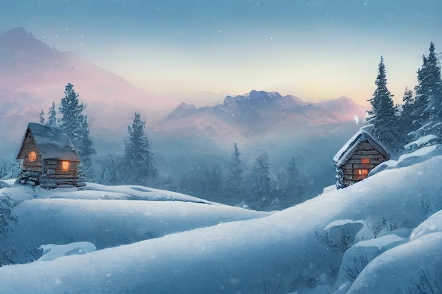 A small cabin on top of a snowy mountain