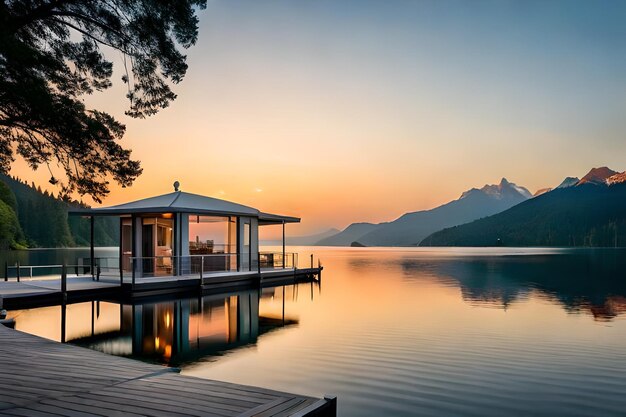 A small cabin with a dock and a dock with a mountain in the background