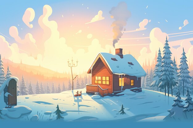 Photo small cabin with smoke snowy landscape clear sky sun setting