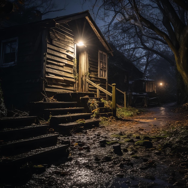 夜の森の中の小さな小屋