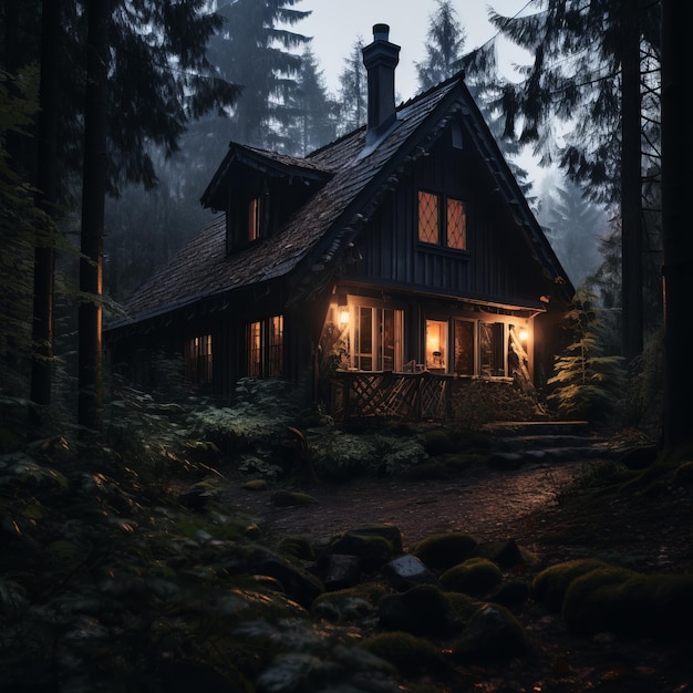 a small cabin in the woods at night