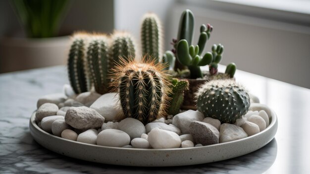 A small cacti arranged on a marble tray with decorated AI generated