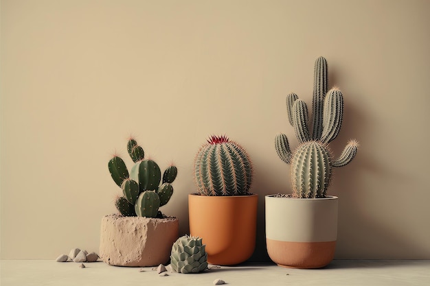 Small cacti with a beige wall minimalist background Illustration AI Generative