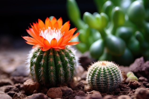 A small cactus next to a blooming one