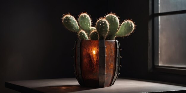 a small cactus in a rusty vase