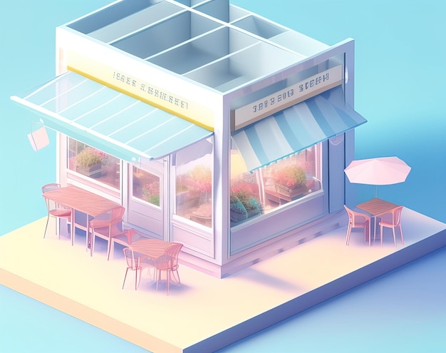 A small cafe with a blue awning and a pink awning.