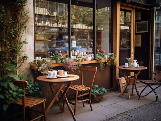 A small cafe with a large window that says " coffee " on it.