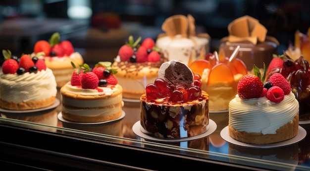 Small cakes on display at the patisserie counter