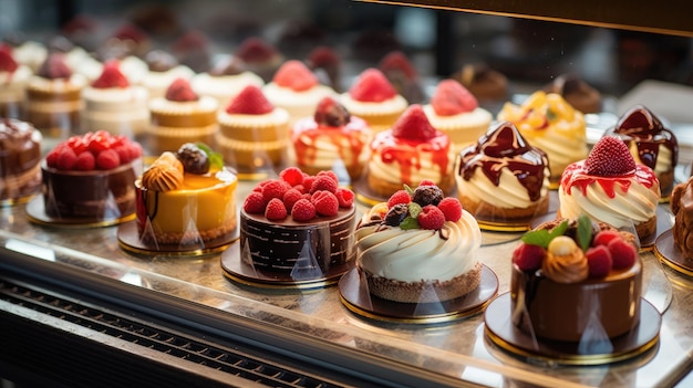 Small cakes on display at the patisserie counter