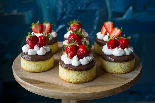 Small cakes topped with chocolate frosting and strawberries complimentary