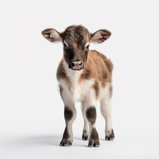 A small calf is standing in front of a white background