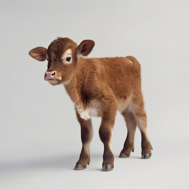 A small calf is standing in front of a white background