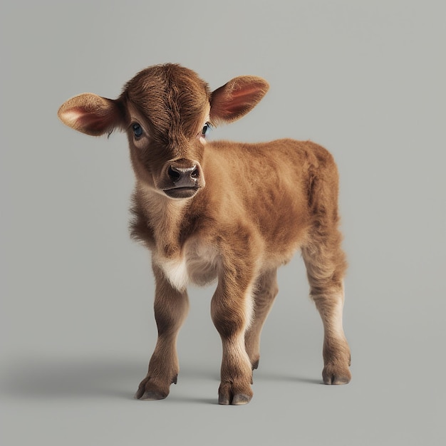 A small calf is standing in front of a white background