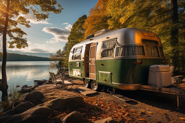 small camper van in a beautiful autumn landscape