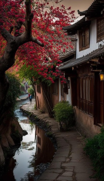 Photo a small canal in the middle of a village