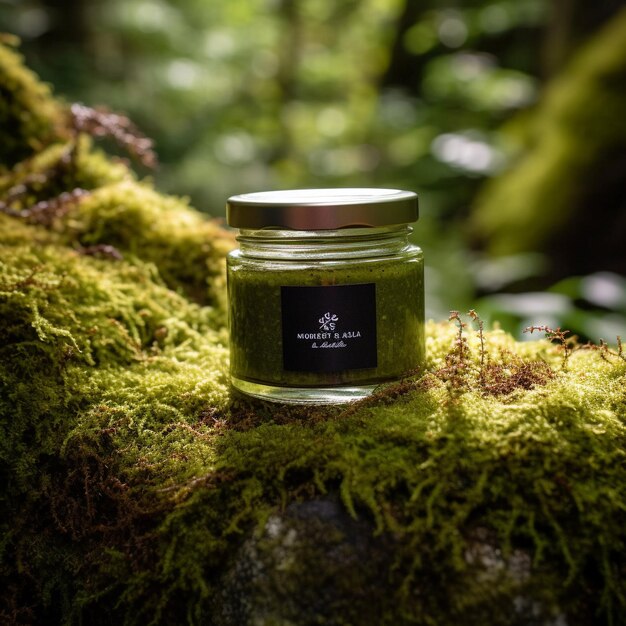 a small candle with a black label on it sits on a mossy tree trunk