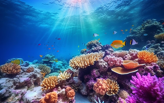 Photo small canyon underwater carved by the swell into the fore reef with sunlight through water surface