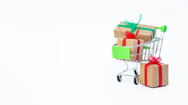 Small cart or trolley with gift boxes, copy space