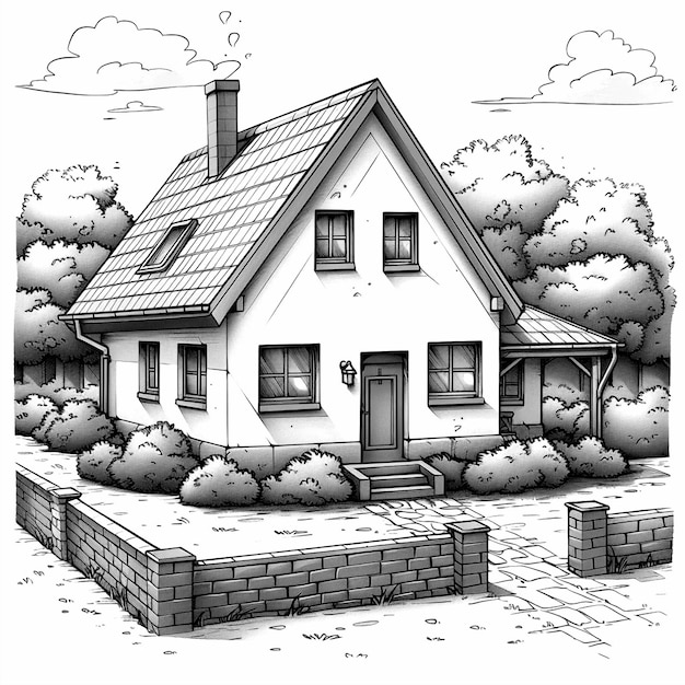 Photo small cartoon house surrounded by trees coloring book for children