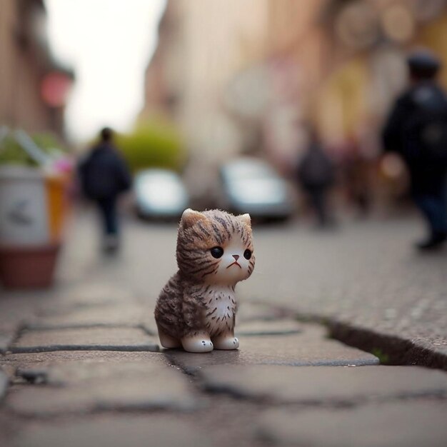 A small cat figurine sits on a sidewalk in a city.