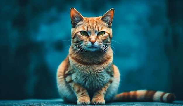 A small cat sitting up on a blue background