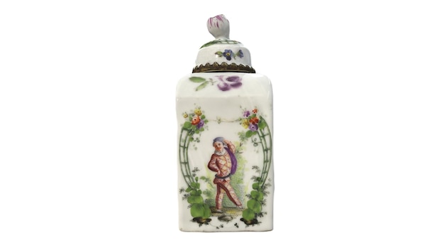 A small ceramic container with a woman in a pink dress and a man in a pink coat.