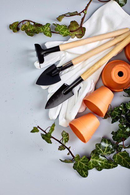 Photo small ceramic flower pots gloves gardening tools and green leaves on grey background spring garden works concept flat lay top view copy space