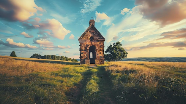 Photo small chapel on the top of the hill during sunset with beautiful clouds in the background