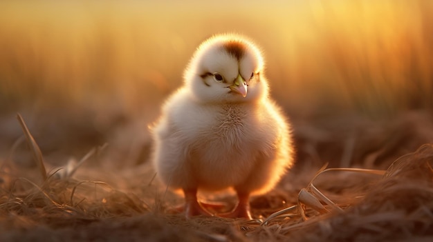 A small chicken on the ground with the sun shining on it.