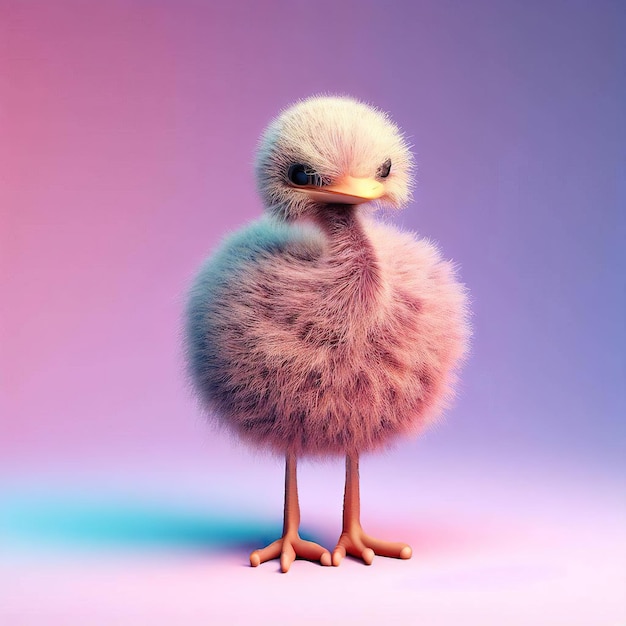 A small chicken that is on a pink and purple background