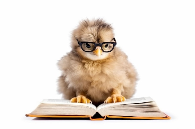 a small chicken wearing glasses sitting on top of an open book