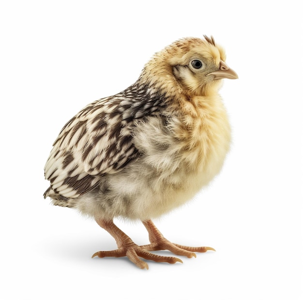 A small chicken with a white background and a black and tan feathered tail.