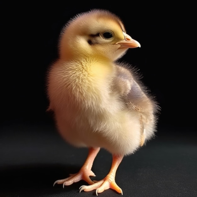 A small chicken with yellow feathers and black feet.