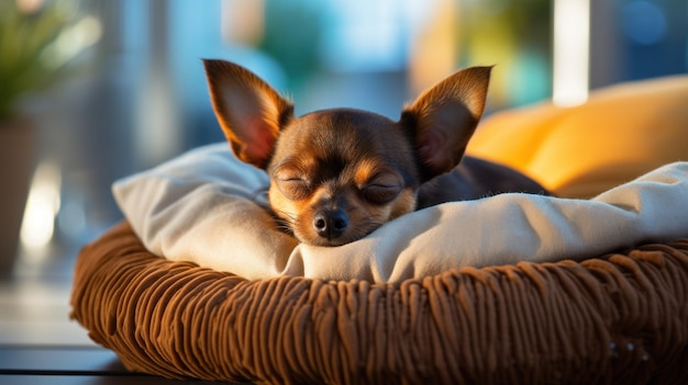 Small chihuahua dog resting on pet bed at home