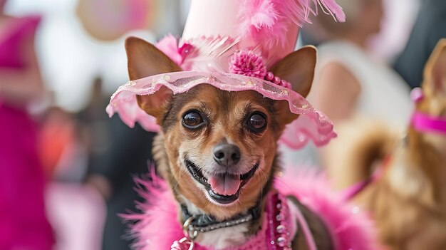 A small chihuahua dog wearing a large pink feathered hat and a pink boa around its neck is sitting on a pink background