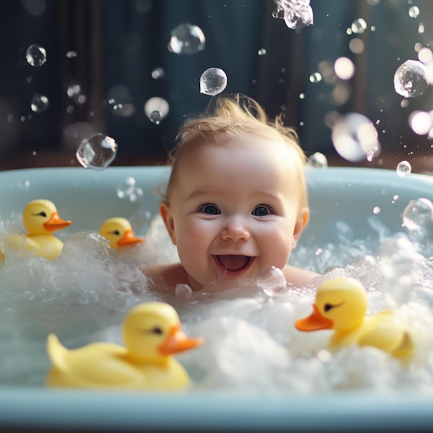 Photo a small child bathes in a bath with yellow rubber duck and white foam