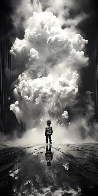 a small child in black and white with a large smoke made robotic beast in the background and black w