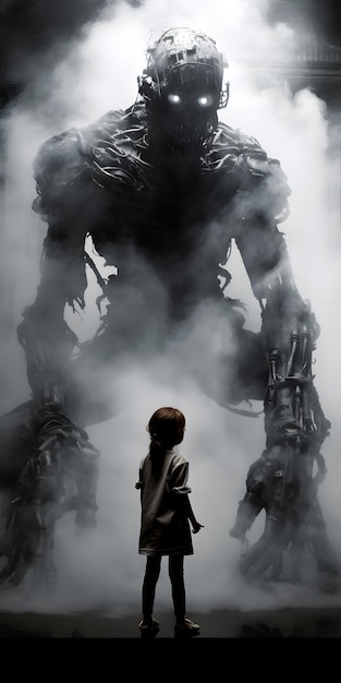 a small child in black and white with a large smoke made robotic beast in the background and black w