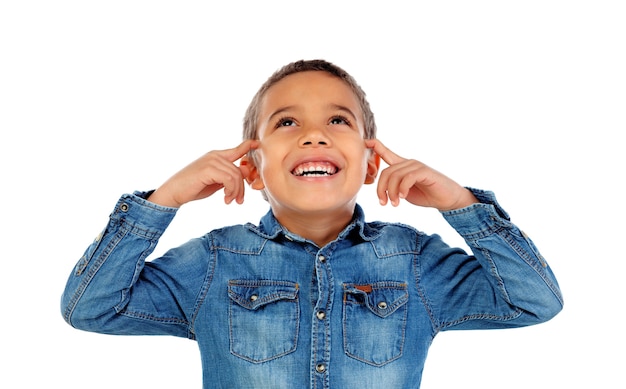 Photo small child covering his ears