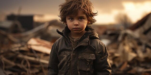 A small child in dirty clothes in a city destroyed after an earthquake Generative AI