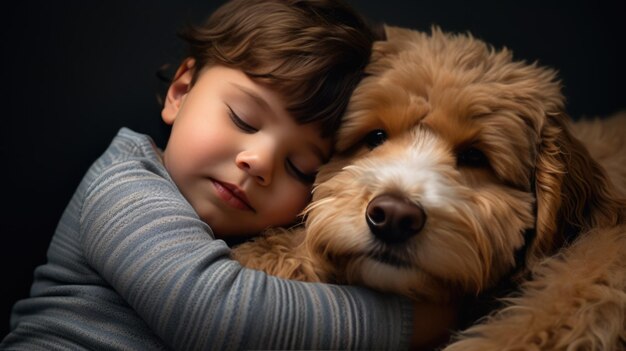 Small child and a dog sleeping in a cuddle