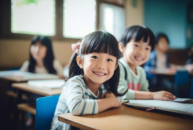 a small child from Japan is smiling studying in class