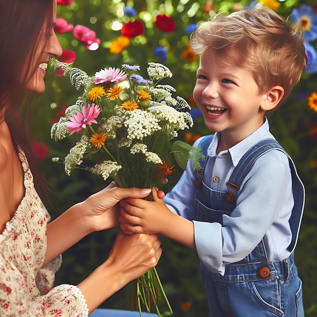 Photo a small child giving flowers to his mother