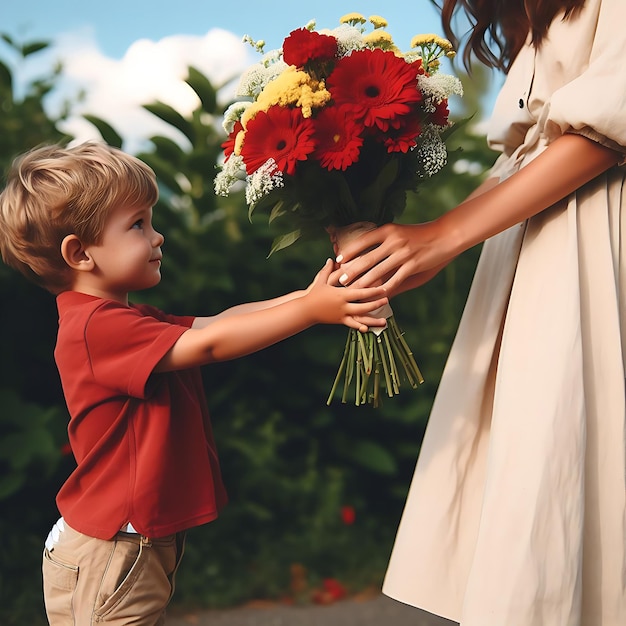 A small child giving flowers to his mother