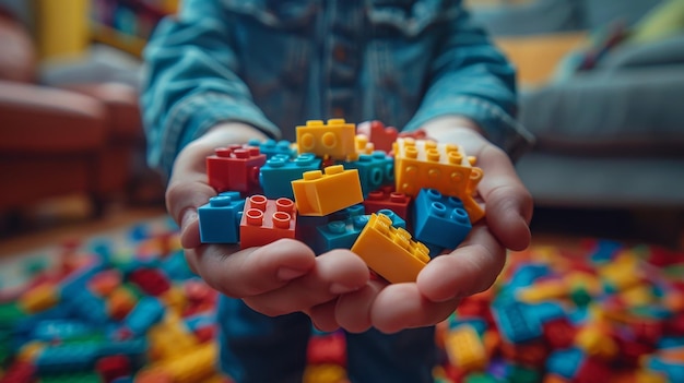 A small child holds toys in his hands colored cubes a construction set that he assembled from small parts preschool development of children