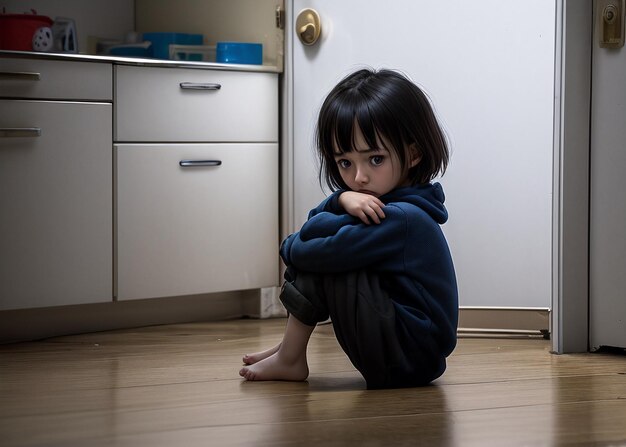 사진 두려워하는 작은 아이가 바닥에 앉아 있습니다.